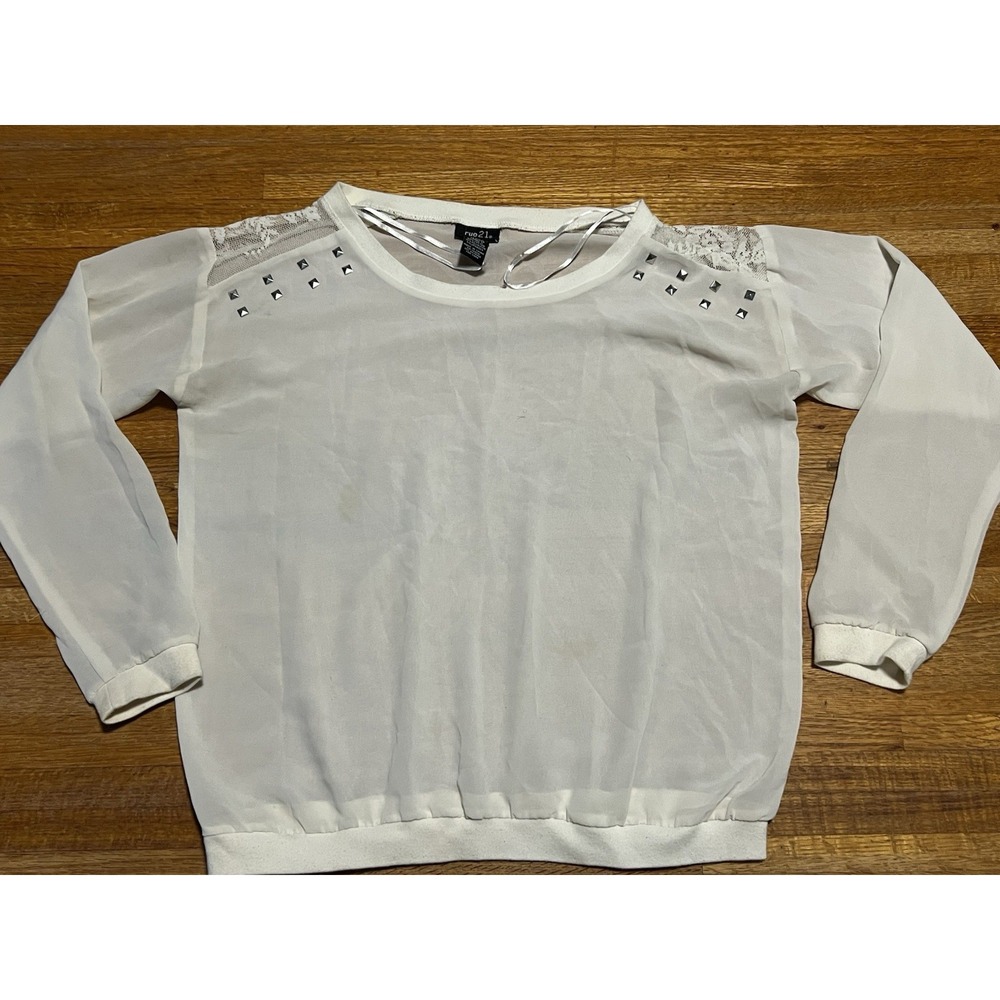 Rue 21 Women Medium Cream Sheer Long Sleeve Studded Details Lace Blouse